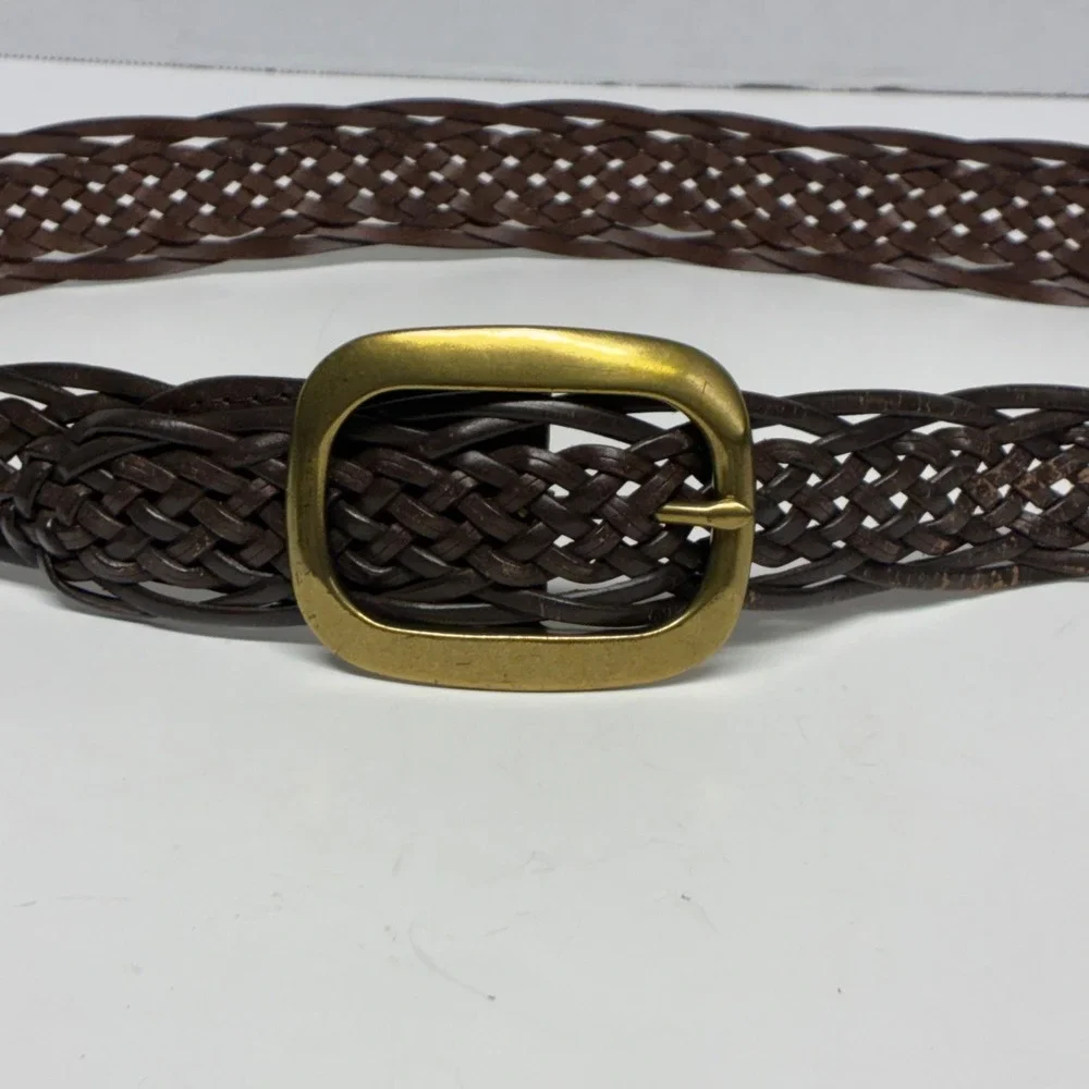 New York & Co. Braided Belt Womens M/L Brown Bonded Leather Woven Gold Buckle